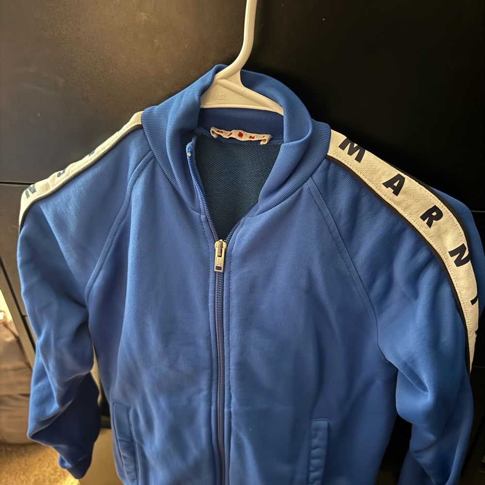 Marni Electric Blue Zip-Up Jacket with Red Logo Tag